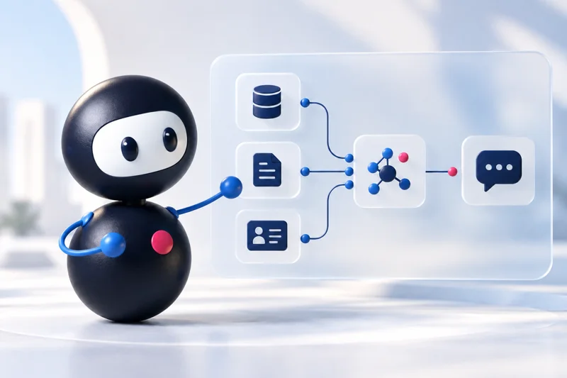 De olhos abertos, o mascote Hopper aponta para um fluxo que une documentos, banco, CRM e conversa.